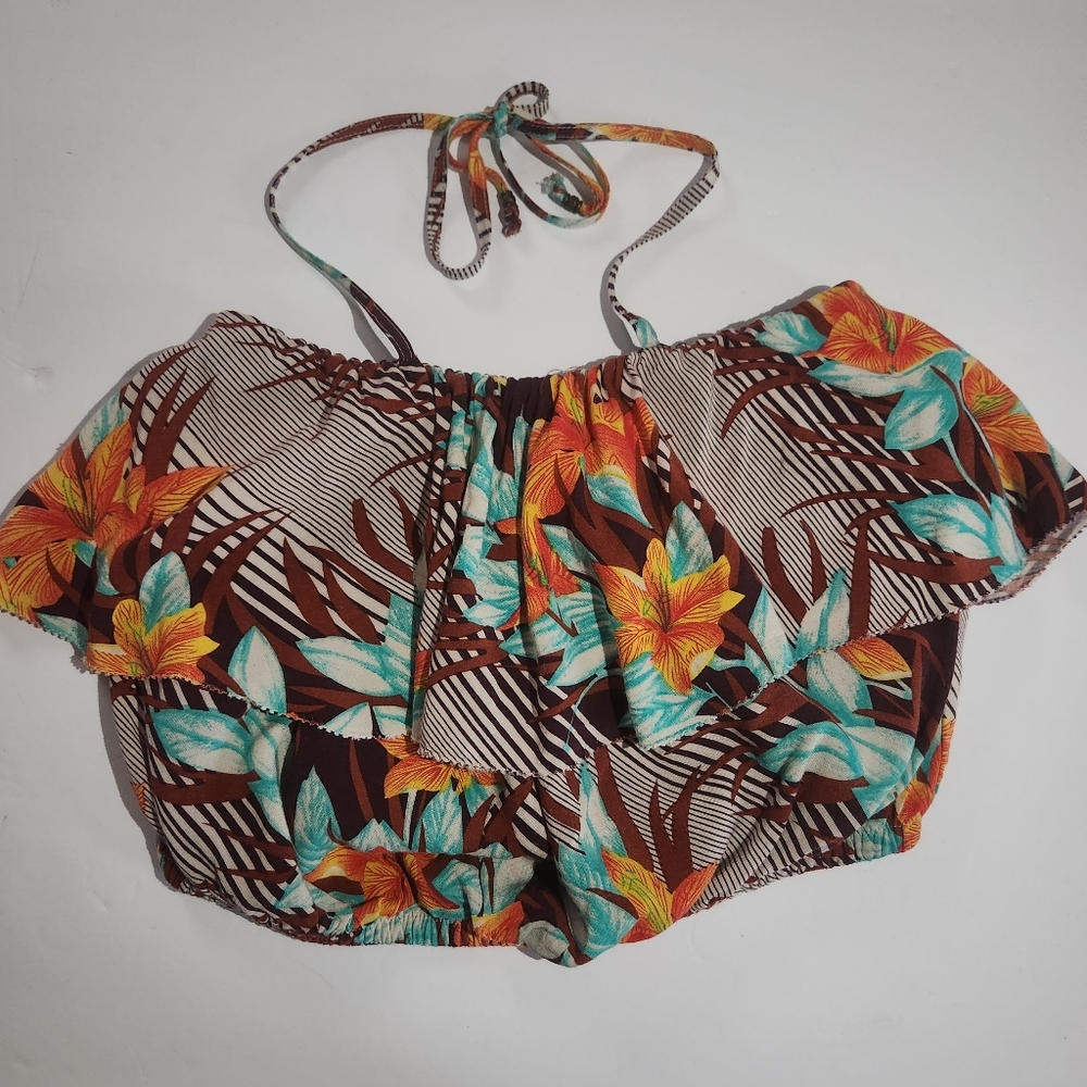 Floral Tropical Ruffle Halter Convertible Strapless Crop Top
